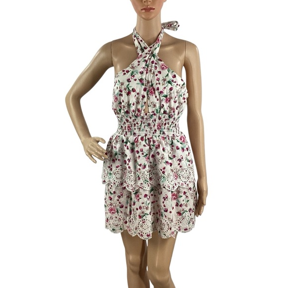 BB Dakota Strawberry Bliss Eyelet Tiered Halter Mini Dress White M - Picture 1 of 7